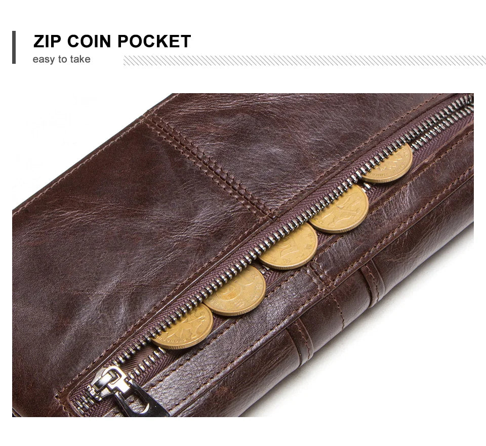 CONTACT'S Men Clutch Wallet Genuine Leather Long Wallet Hasp Card Holder Vintage Male Zipper Coin Purse Money Bag Portemonnee