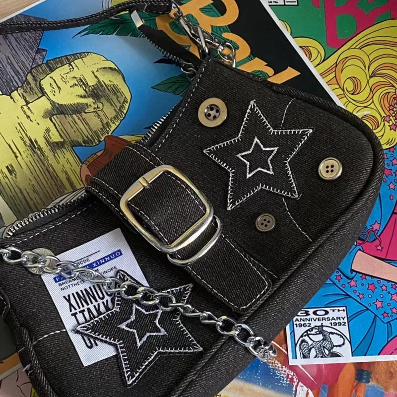 Y2k Fashion Women's Handbags Stars Pattern Cool Girls Underarm Bag Vintage Canvas Female Small Shoulder Bags Chain Tote Purses