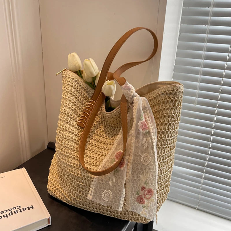 Summer Large Capacity Tote Bag Women Shoulder Bag Handmade Woven Bag Fresh Rural Handheld Grass Woven Women Bag