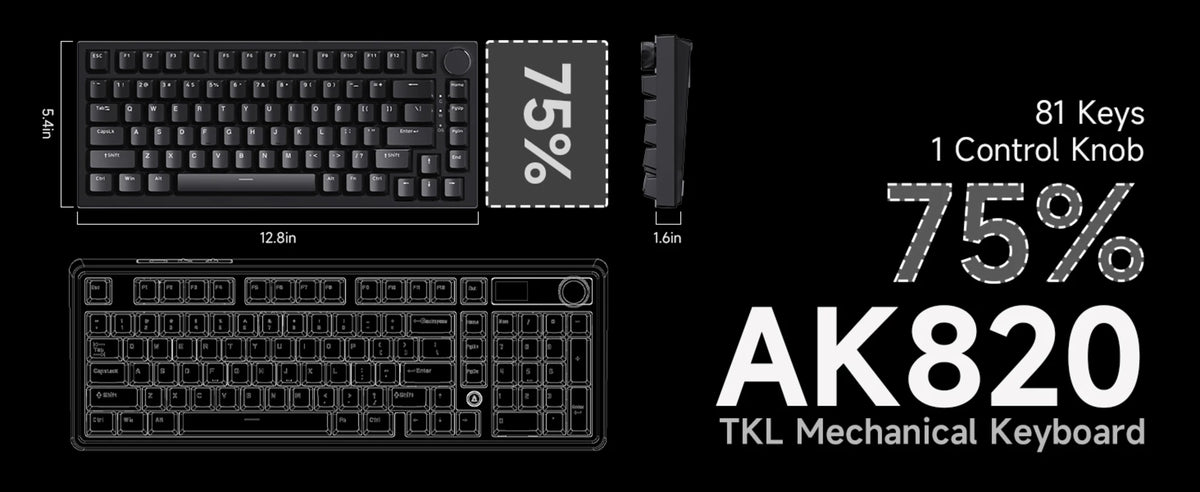 AK820 Red-Switch Mechanical Gaming Keyboard, 75% Layout, Hot-Swappable Switches, Featuring a USB-C Port, White Backlighting, Fiv