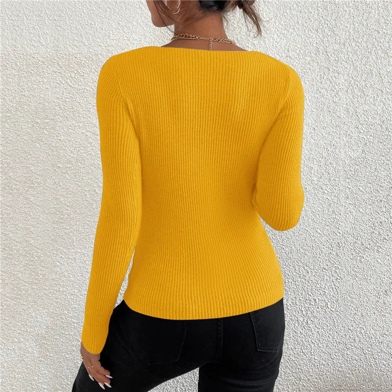2026 Autumn Winter Women Solid Rib Knit V Neck Stripe Pull Sweater Femme Y2k Long Sleeve Pullover Jersey Tops Fashion Clothes