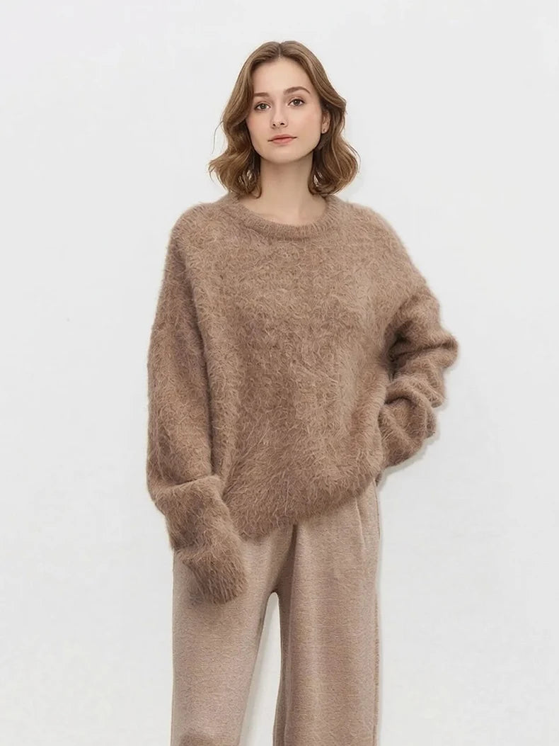SuyaDream Warm Alpaca Pullovers for Woman, Dropped Sleeved Loose Sweaters, Brushed Wool Knit Sweater, 2026 Fall Winter Top