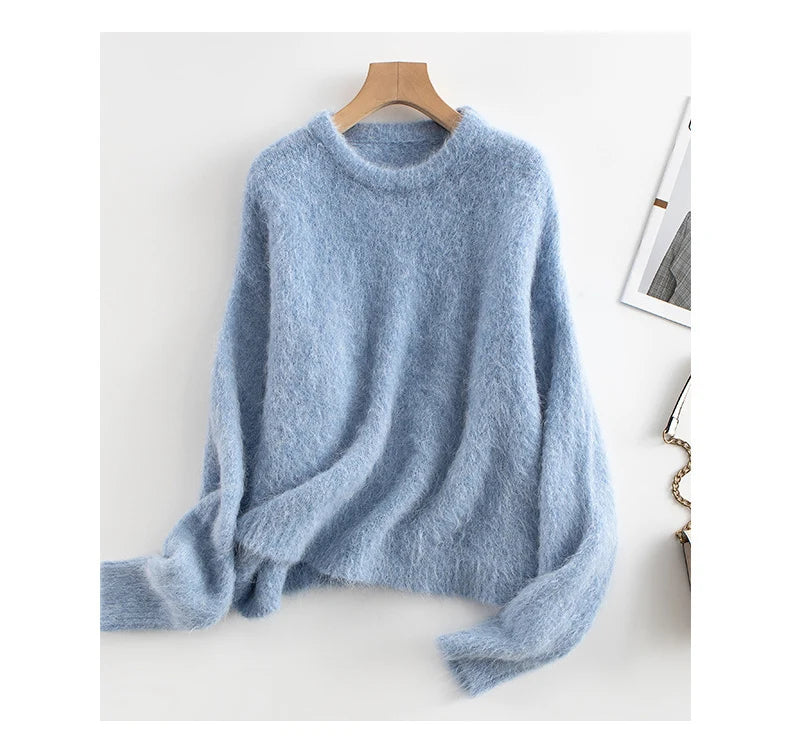 SuyaDream Warm Alpaca Pullovers for Woman, Dropped Sleeved Loose Sweaters, Brushed Wool Knit Sweater, 2026 Fall Winter Top