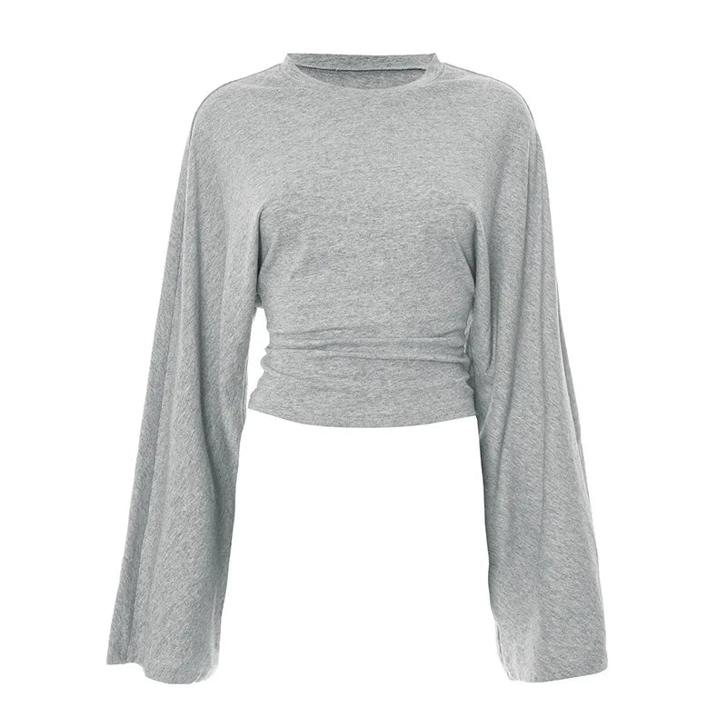 Women's Long Sleeve O-Neck Skinny T-Shirt Monochromatic Crop Top Casual Y2K Streetwear Fashion Pullover Summer Outfit