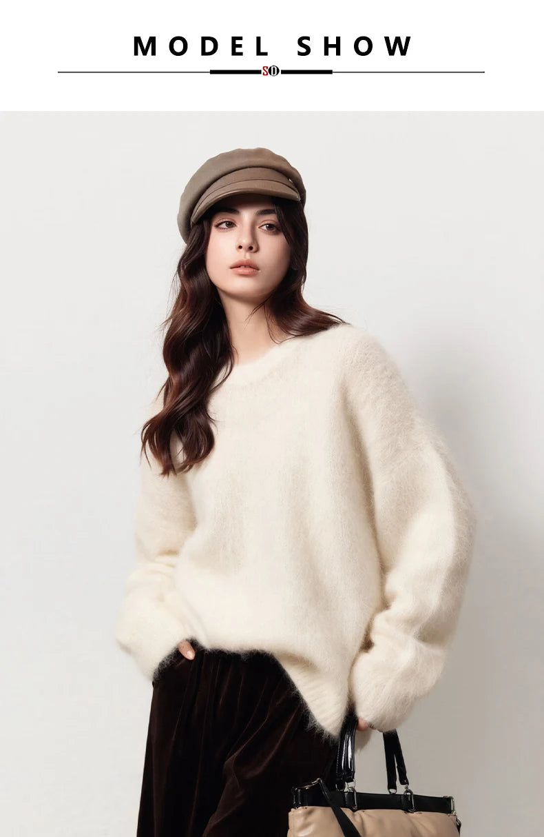 SuyaDream Warm Alpaca Pullovers for Woman, Dropped Sleeved Loose Sweaters, Brushed Wool Knit Sweater, 2026 Fall Winter Top