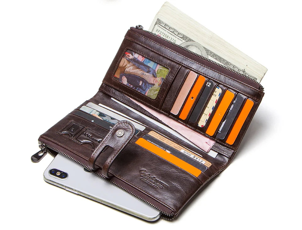 CONTACT'S Men Clutch Wallet Genuine Leather Long Wallet Hasp Card Holder Vintage Male Zipper Coin Purse Money Bag Portemonnee