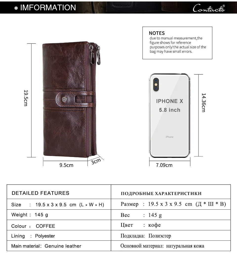 CONTACT'S Men Clutch Wallet Genuine Leather Long Wallet Hasp Card Holder Vintage Male Zipper Coin Purse Money Bag Portemonnee