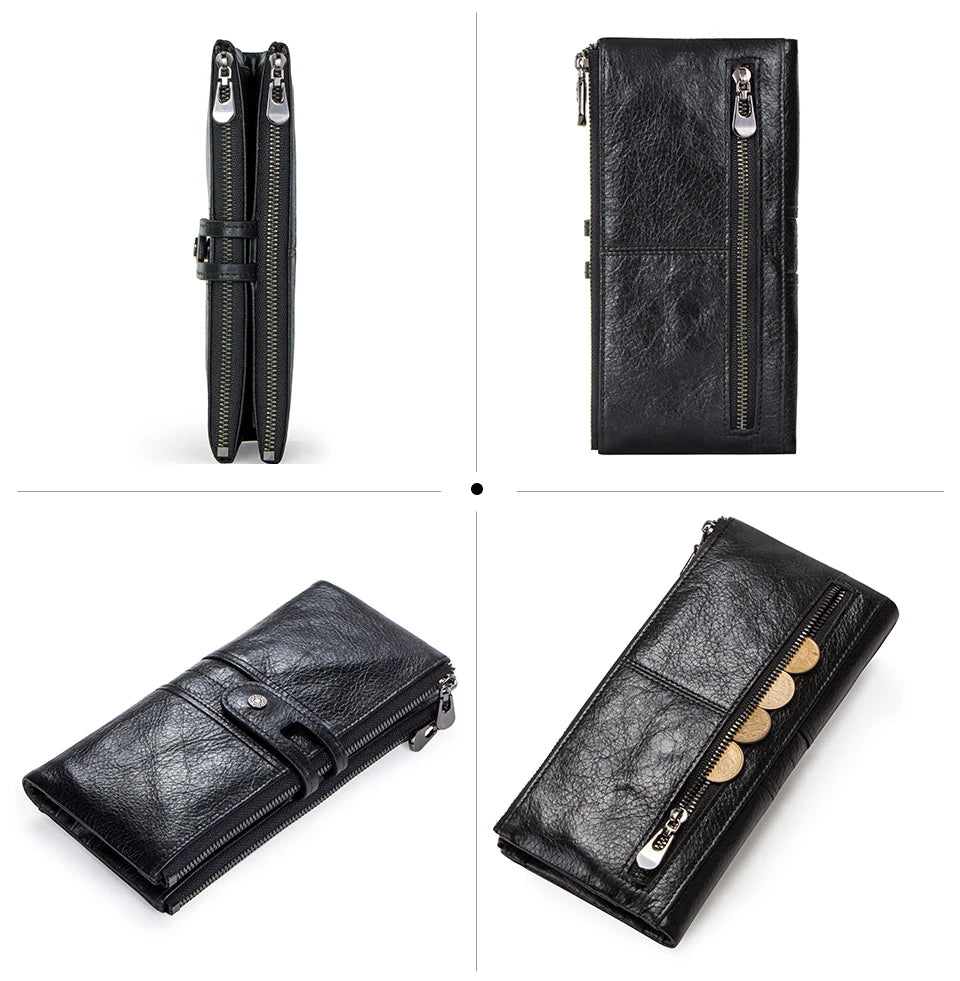 CONTACT'S Men Clutch Wallet Genuine Leather Long Wallet Hasp Card Holder Vintage Male Zipper Coin Purse Money Bag Portemonnee