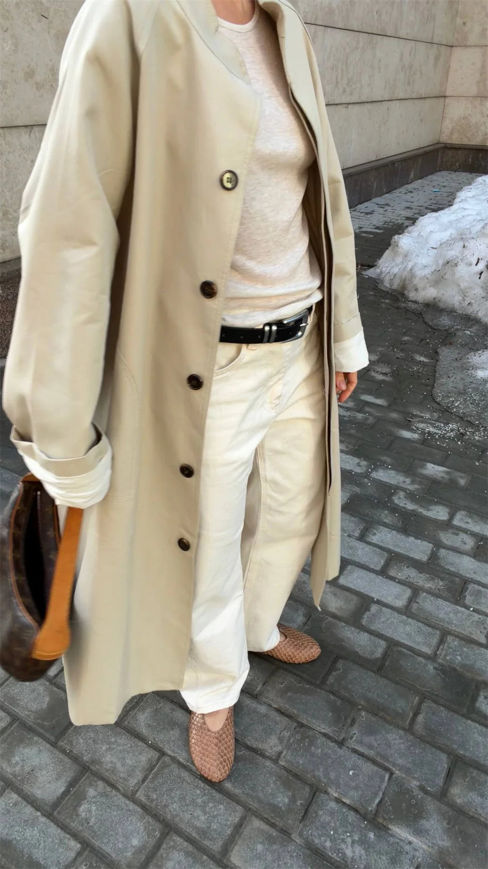 Stand Neck Long Trench Coat Women Spring Casual Turn-down Collar Single-breasted Trench Coat