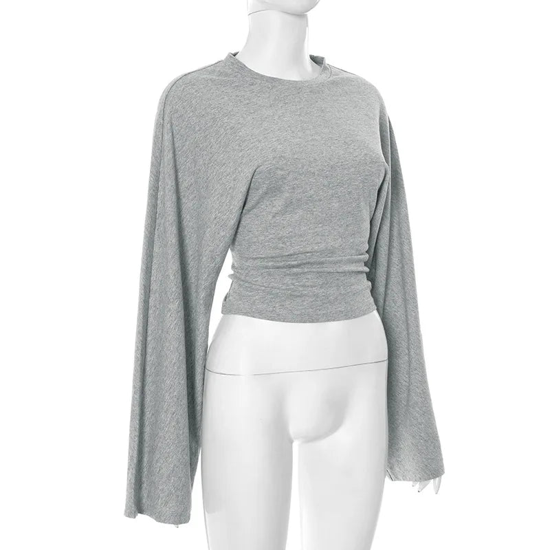 Women's Long Sleeve O-Neck Skinny T-Shirt Monochromatic Crop Top Casual Y2K Streetwear Fashion Pullover Summer Outfit