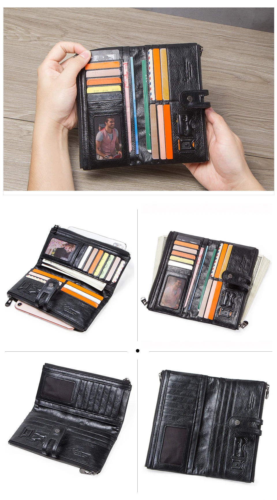 CONTACT'S Men Clutch Wallet Genuine Leather Long Wallet Hasp Card Holder Vintage Male Zipper Coin Purse Money Bag Portemonnee