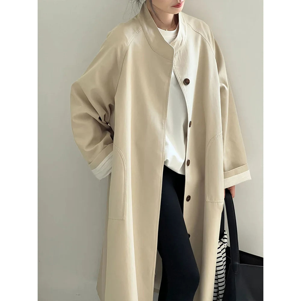 Stand Neck Long Trench Coat Women Spring Casual Turn-down Collar Single-breasted Trench Coat
