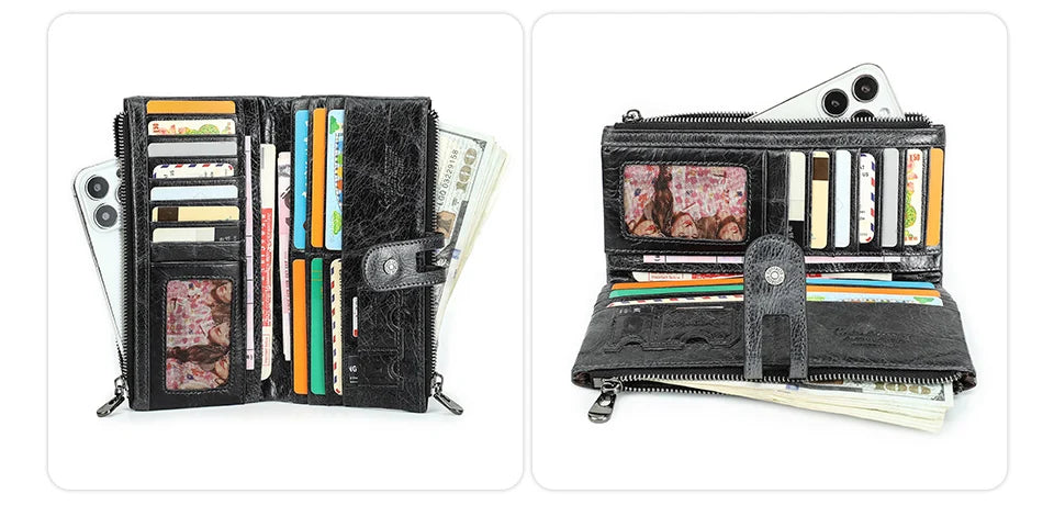 CONTACT'S Men Clutch Wallet Genuine Leather Long Wallet Hasp Card Holder Vintage Male Zipper Coin Purse Money Bag Portemonnee