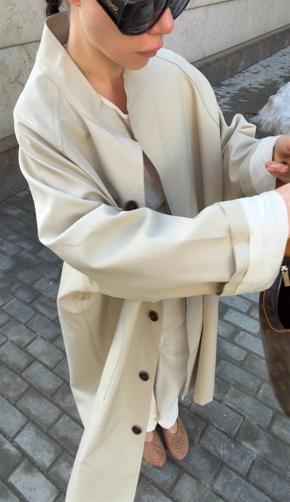 Stand Neck Long Trench Coat Women Spring Casual Turn-down Collar Single-breasted Trench Coat