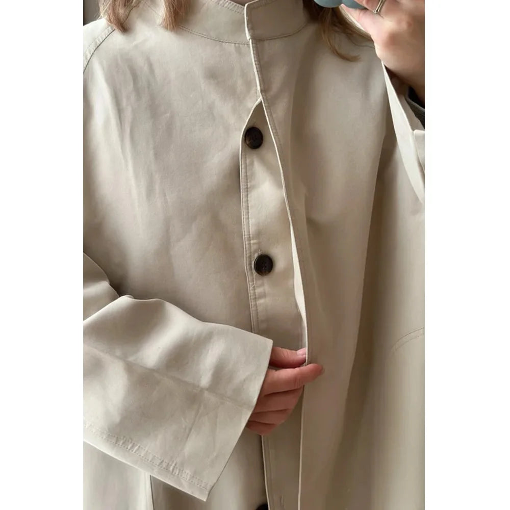 Stand Neck Long Trench Coat Women Spring Casual Turn-down Collar Single-breasted Trench Coat