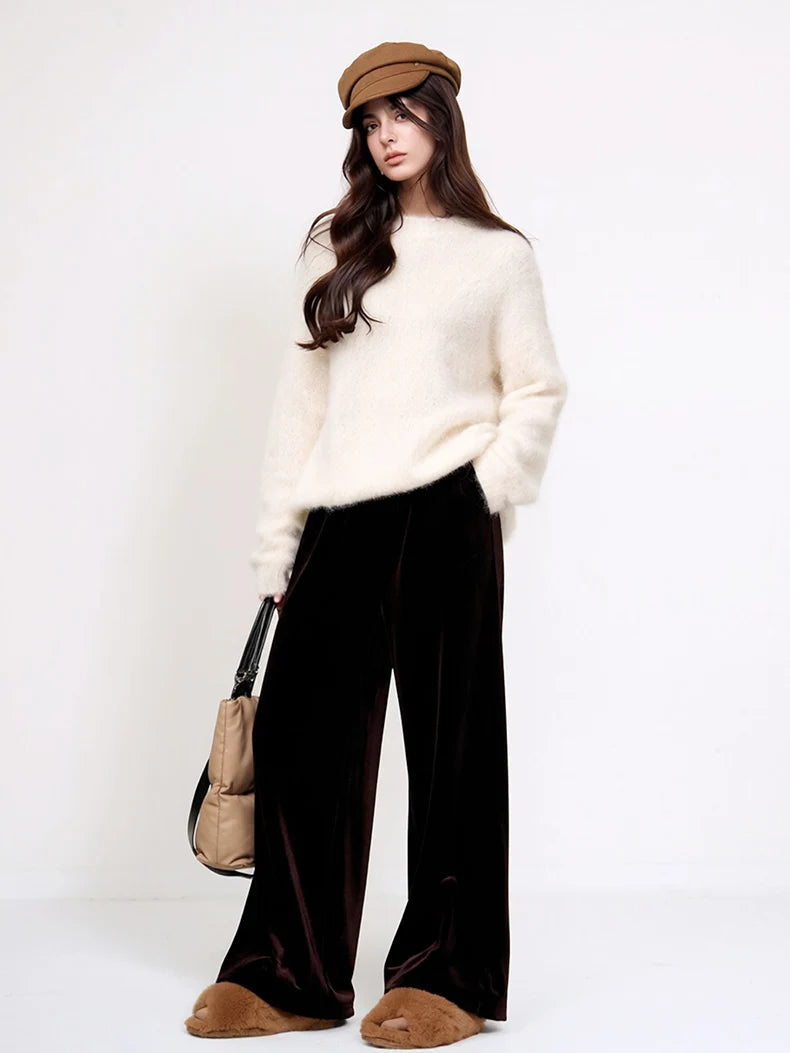 SuyaDream Warm Alpaca Pullovers for Woman, Dropped Sleeved Loose Sweaters, Brushed Wool Knit Sweater, 2026 Fall Winter Top