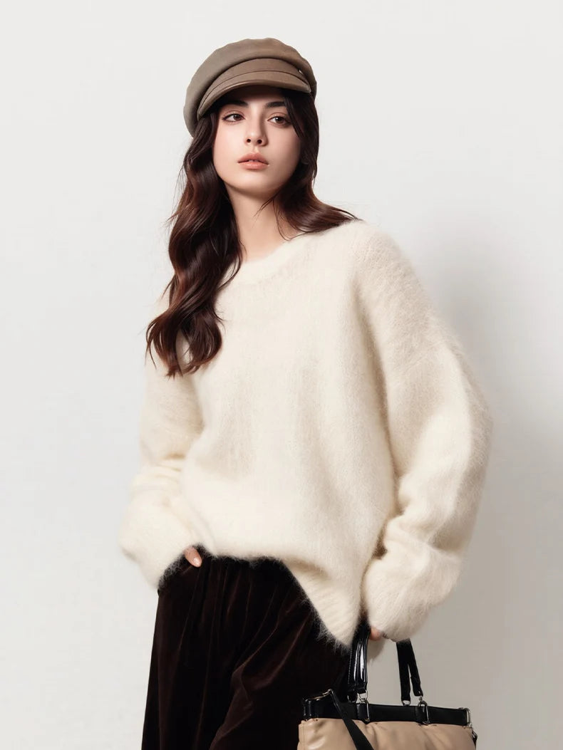 SuyaDream Warm Alpaca Pullovers for Woman, Dropped Sleeved Loose Sweaters, Brushed Wool Knit Sweater, 2026 Fall Winter Top
