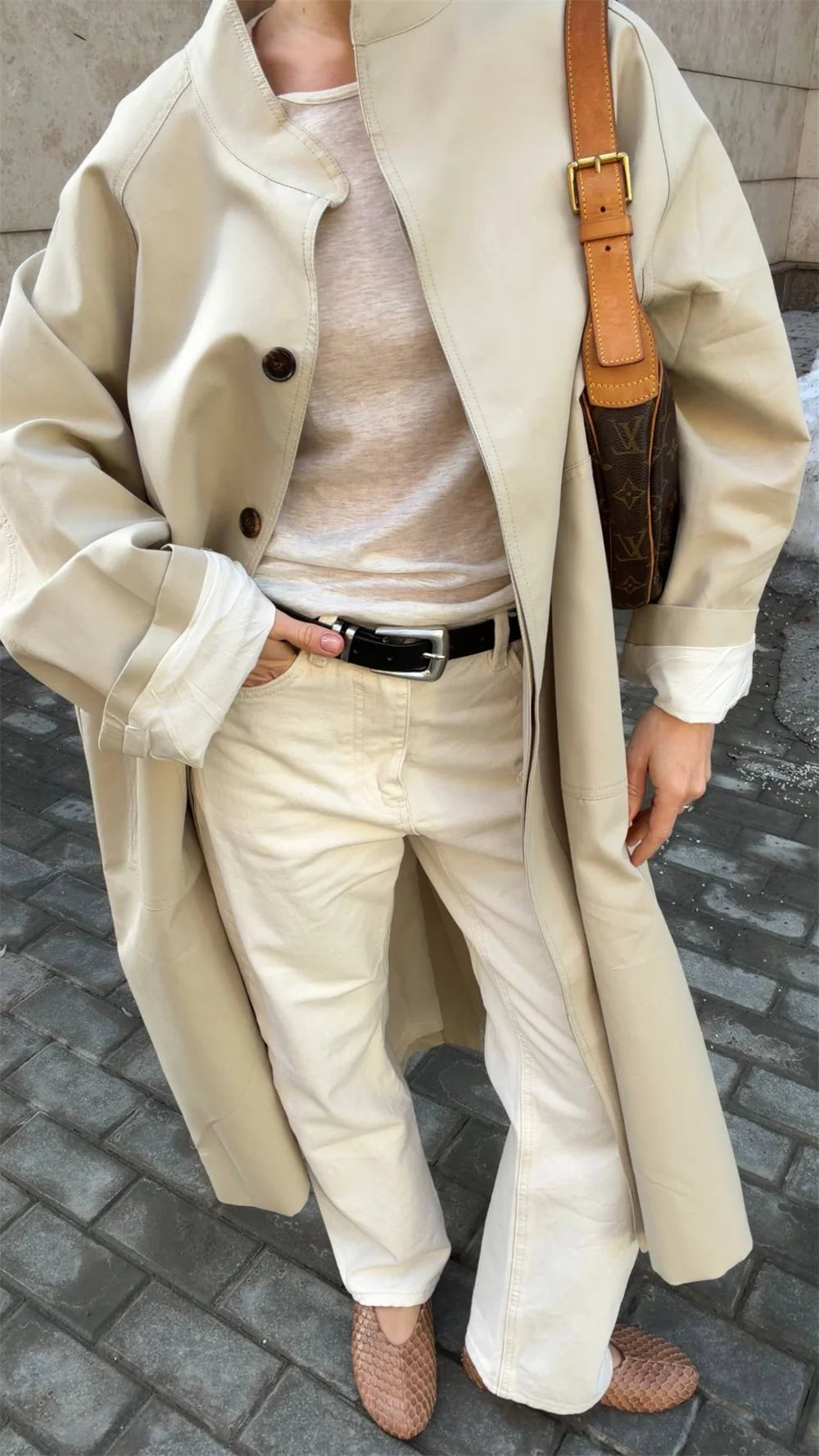 Stand Neck Long Trench Coat Women Spring Casual Turn-down Collar Single-breasted Trench Coat