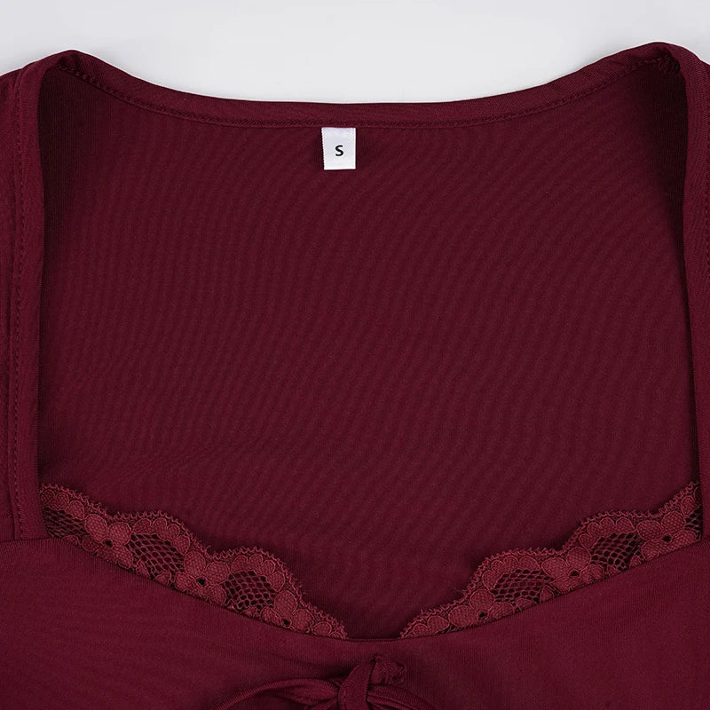 SUCHCUTE Sexy Long Sleeve Solid Patchwork Square Collar T-Shirt Women Elegant Lace Bandage Ruffles Crop Autumn Clothes 2025