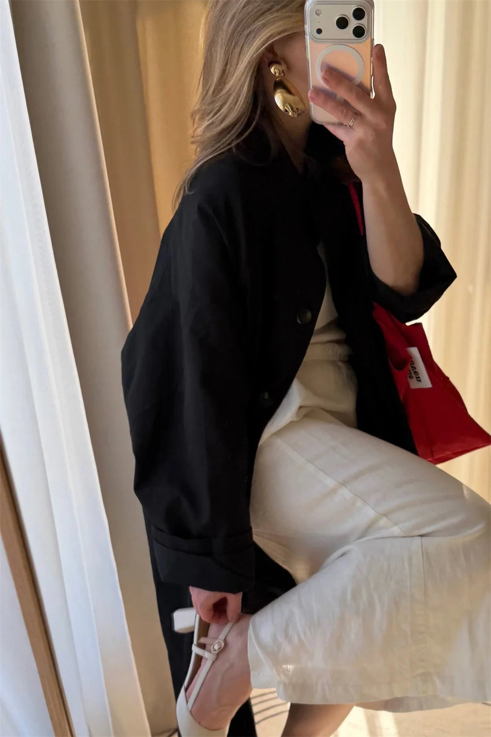 Stand Neck Long Trench Coat Women Spring Casual Turn-down Collar Single-breasted Trench Coat