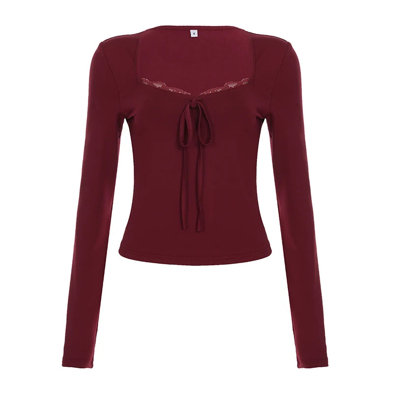 SUCHCUTE Sexy Long Sleeve Solid Patchwork Square Collar T-Shirt Women Elegant Lace Bandage Ruffles Crop Autumn Clothes 2025