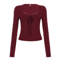 SUCHCUTE Sexy Long Sleeve Solid Patchwork Square Collar T-Shirt Women Elegant Lace Bandage Ruffles Crop Autumn Clothes 2025