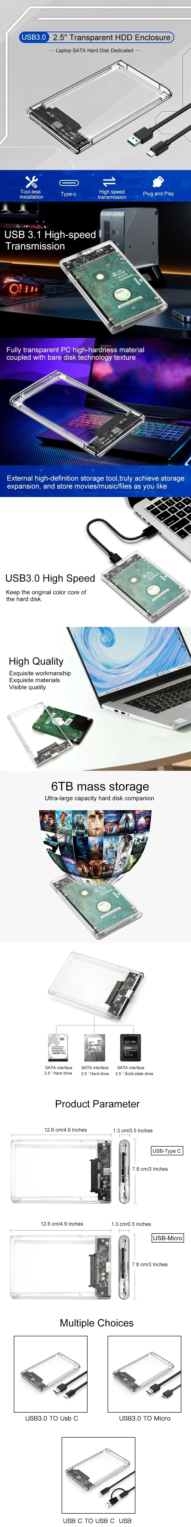 3.0/3.1 HDD Enclosure  2.5inch SATA SSD Hard Drive Case with 5Gbps Transfer Speed and Transparent Design Mobile External Housing