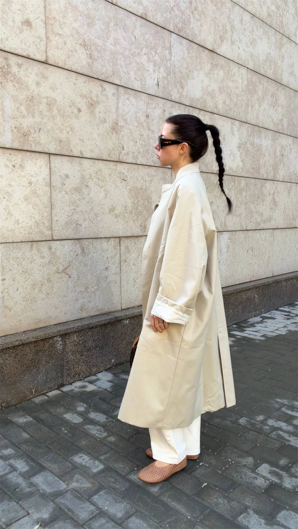 Stand Neck Long Trench Coat Women Spring Casual Turn-down Collar Single-breasted Trench Coat
