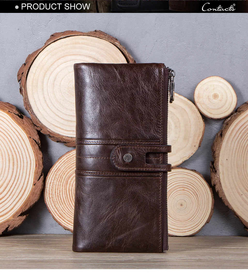 CONTACT'S Men Clutch Wallet Genuine Leather Long Wallet Hasp Card Holder Vintage Male Zipper Coin Purse Money Bag Portemonnee
