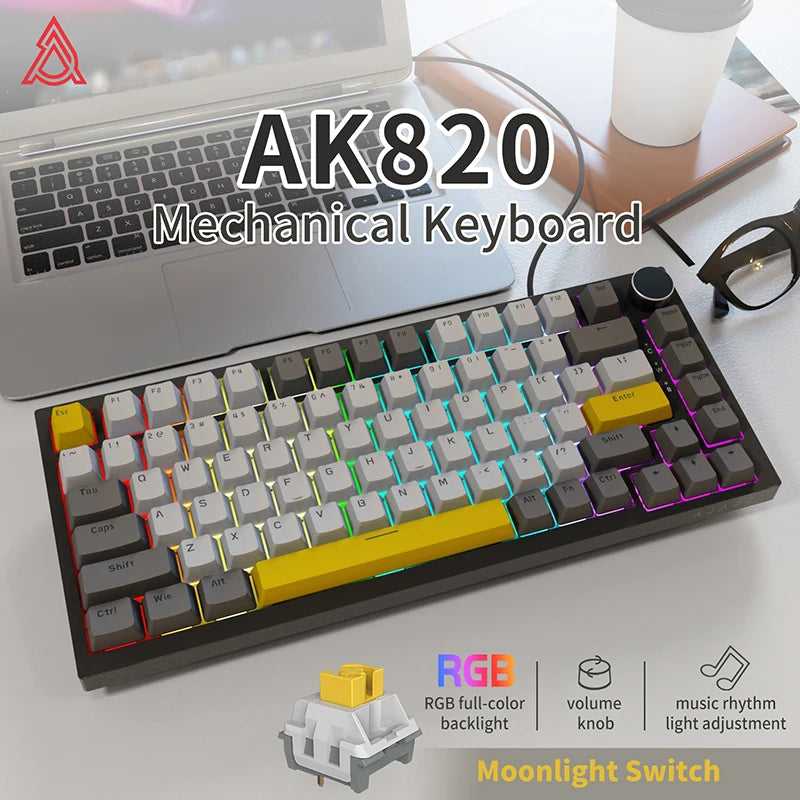 AK820 Red-Switch Mechanical Gaming Keyboard, 75% Layout, Hot-Swappable Switches, Featuring a USB-C Port, White Backlighting, Fiv