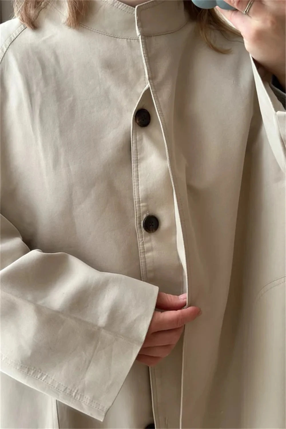 Stand Neck Long Trench Coat Women Spring Casual Turn-down Collar Single-breasted Trench Coat
