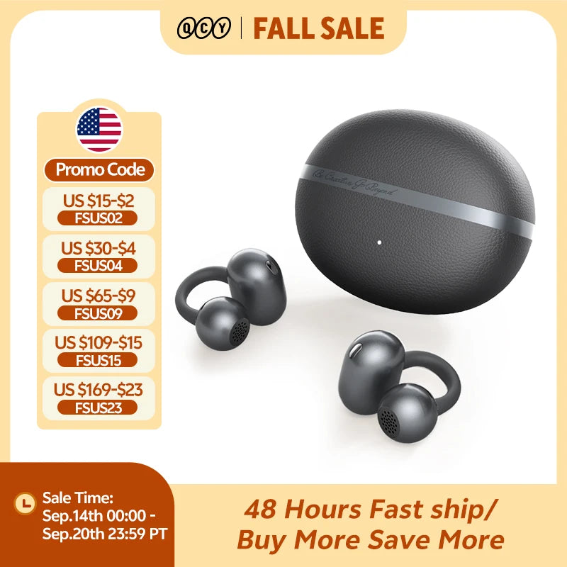 QCY Crossky C50 Open Ear Wireless Earbuds Bluetooth 6.0 Comfort Clip On Sports Earphone 4 Mic AI Clear Call Bass Boost Headphone