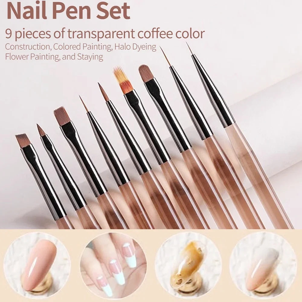 9PCS Professional Nail Brush for Nail Art Liner Brushes Elongated Lines Striping Drawing Painting Nail Design Pen Manicure Tool