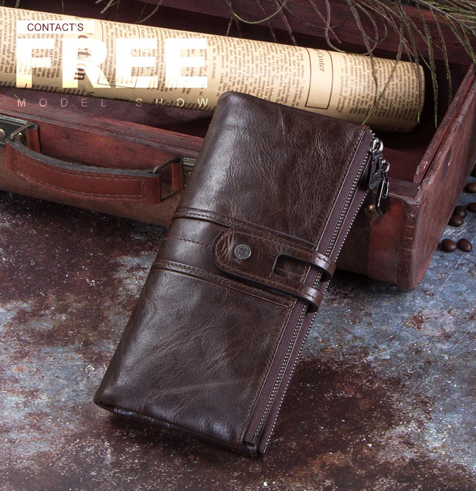 CONTACT'S Men Clutch Wallet Genuine Leather Long Wallet Hasp Card Holder Vintage Male Zipper Coin Purse Money Bag Portemonnee