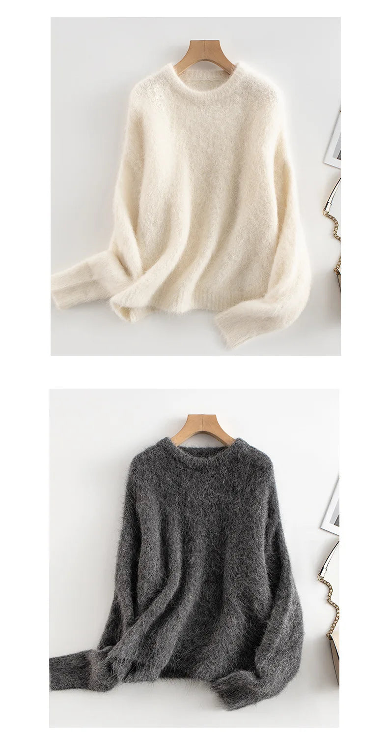 SuyaDream Warm Alpaca Pullovers for Woman, Dropped Sleeved Loose Sweaters, Brushed Wool Knit Sweater, 2026 Fall Winter Top