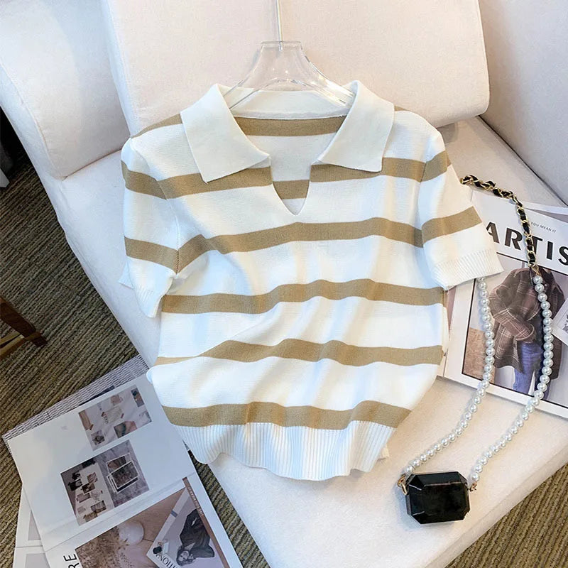 Women's Striped Collared Knit Crop Top