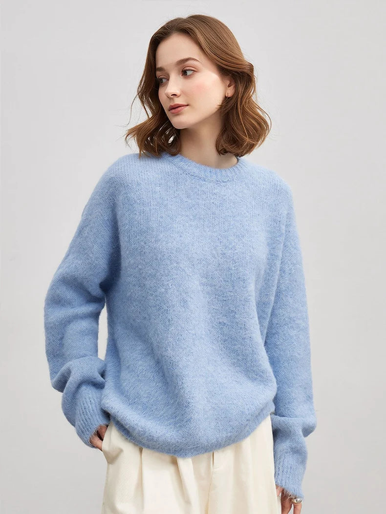 SuyaDream Warm Alpaca Pullovers for Woman, Dropped Sleeved Loose Sweaters, Brushed Wool Knit Sweater, 2026 Fall Winter Top