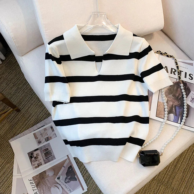 Women's Striped Collared Knit Crop Top