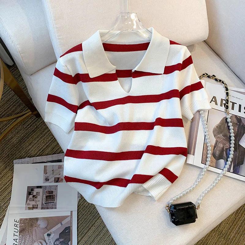 Women's Striped Collared Knit Crop Top