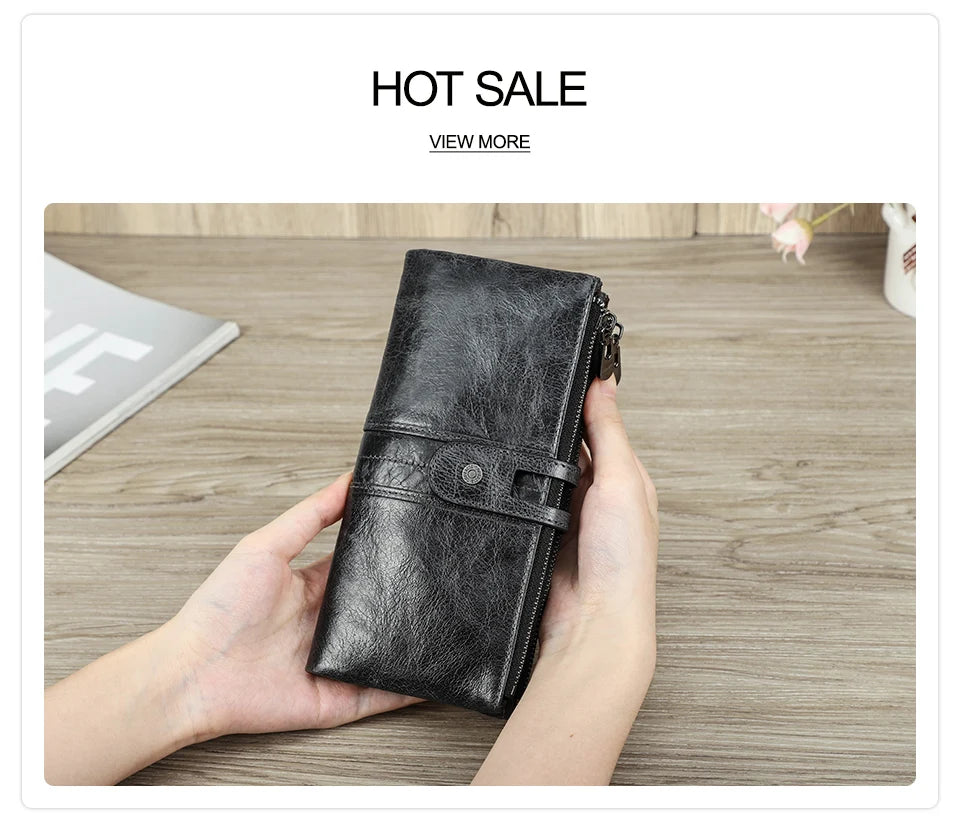 CONTACT'S Men Clutch Wallet Genuine Leather Long Wallet Hasp Card Holder Vintage Male Zipper Coin Purse Money Bag Portemonnee
