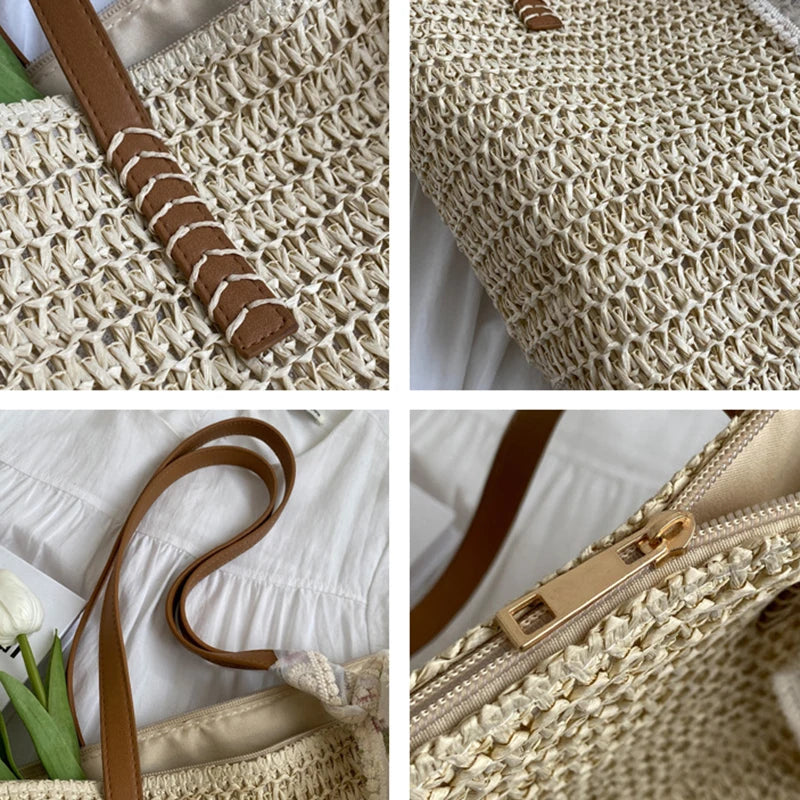 Summer Large Capacity Tote Bag Women Shoulder Bag Handmade Woven Bag Fresh Rural Handheld Grass Woven Women Bag