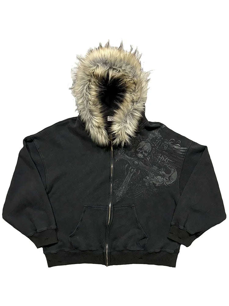 Autumn Winter Y2k Women Aesthetic Harajuku Faux Fur Collar Hoodies Clothes Graphic Hip Hop Punk Gothic Zip Up Hoodies 2026 New