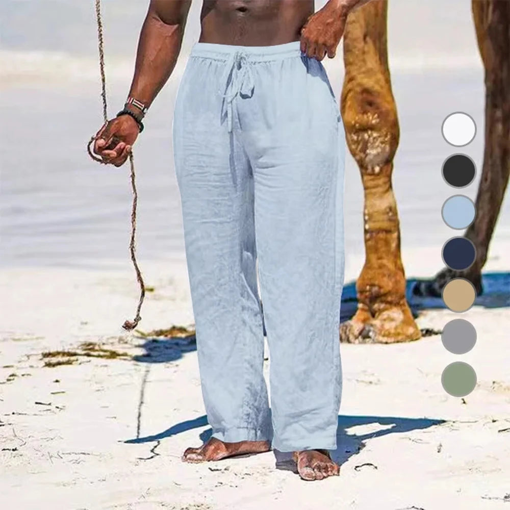 2025 New Men's Cotton Linen Pants Loose Autum Casual Pants Male Breathable Solid Color Drawstring Jogger Yoga Long Trousers