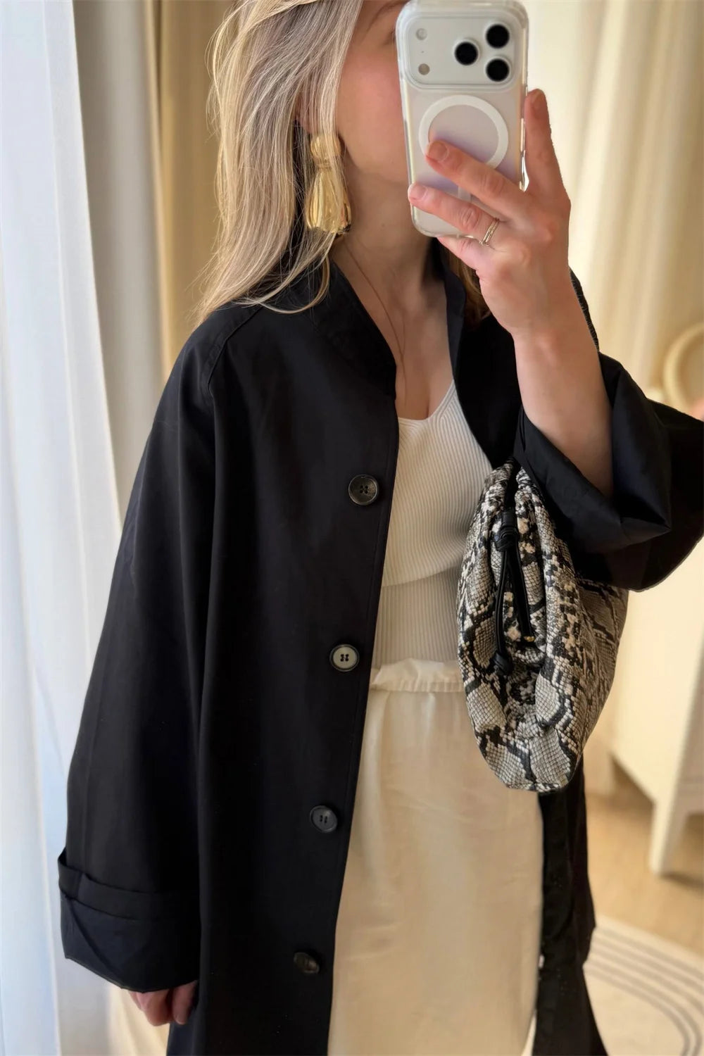 Stand Neck Long Trench Coat Women Spring Casual Turn-down Collar Single-breasted Trench Coat