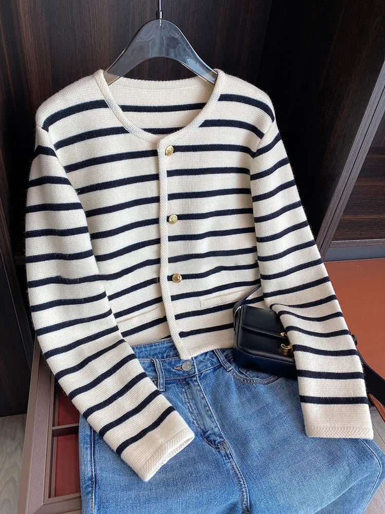 Women's Striped Knit Cardigan Crop Top