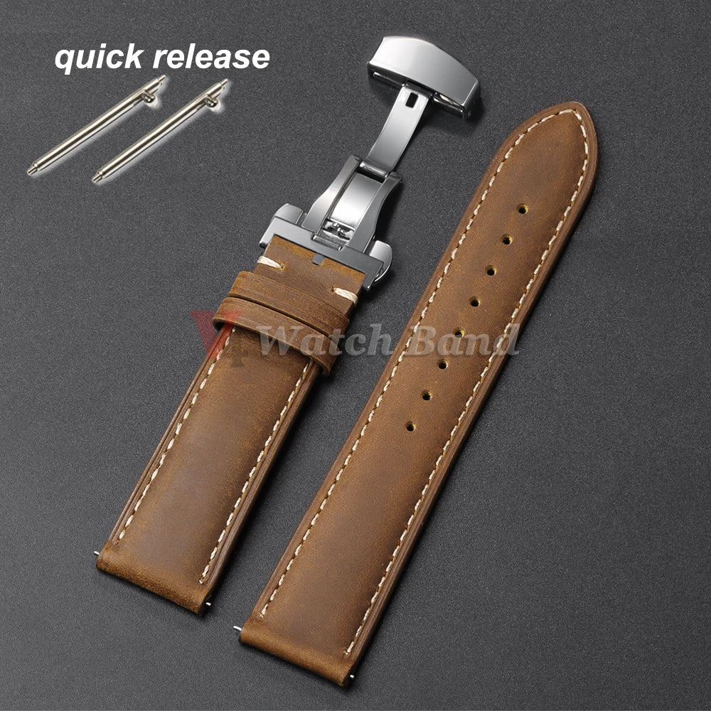 Genuine Calfskin Leather Watchband for Omega Business Watch Band for Seiko 22mm 20mm 18mm Butterfly Buckle Stitching Brown Strap