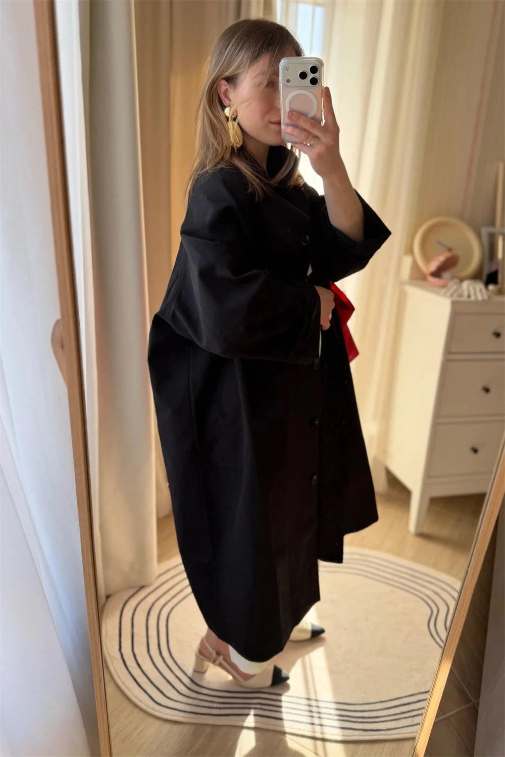 Stand Neck Long Trench Coat Women Spring Casual Turn-down Collar Single-breasted Trench Coat