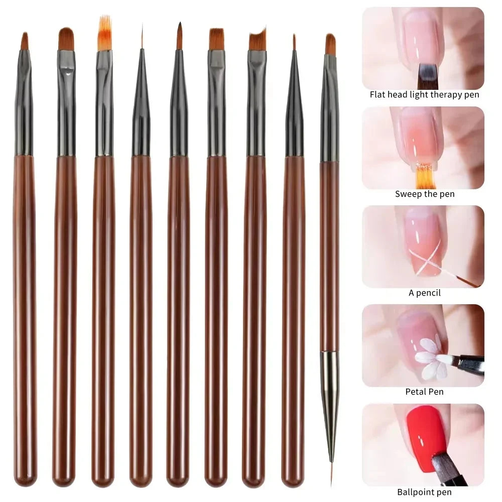 9PCS Professional Nail Brush for Nail Art Liner Brushes Elongated Lines Striping Drawing Painting Nail Design Pen Manicure Tool