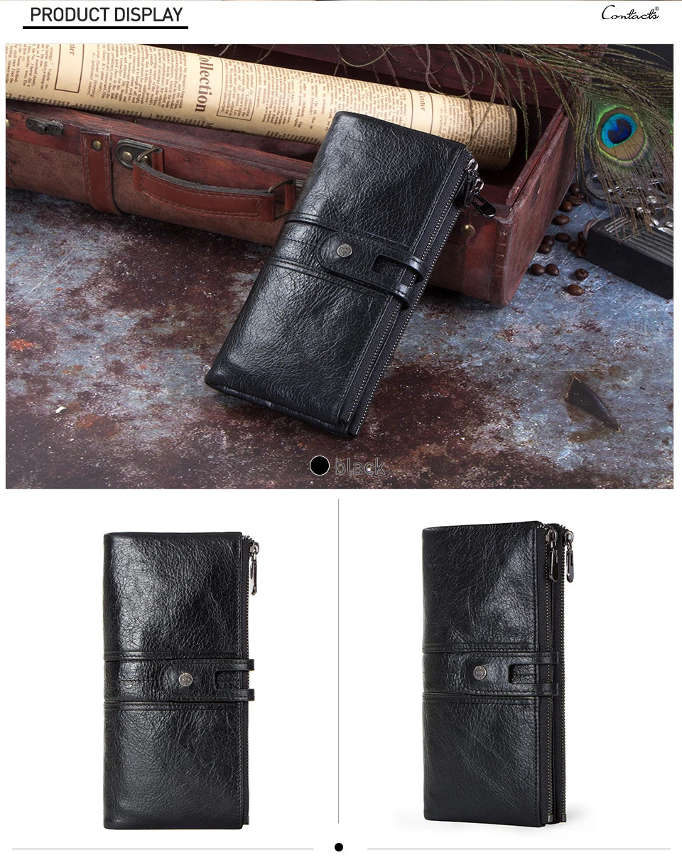 CONTACT'S Men Clutch Wallet Genuine Leather Long Wallet Hasp Card Holder Vintage Male Zipper Coin Purse Money Bag Portemonnee