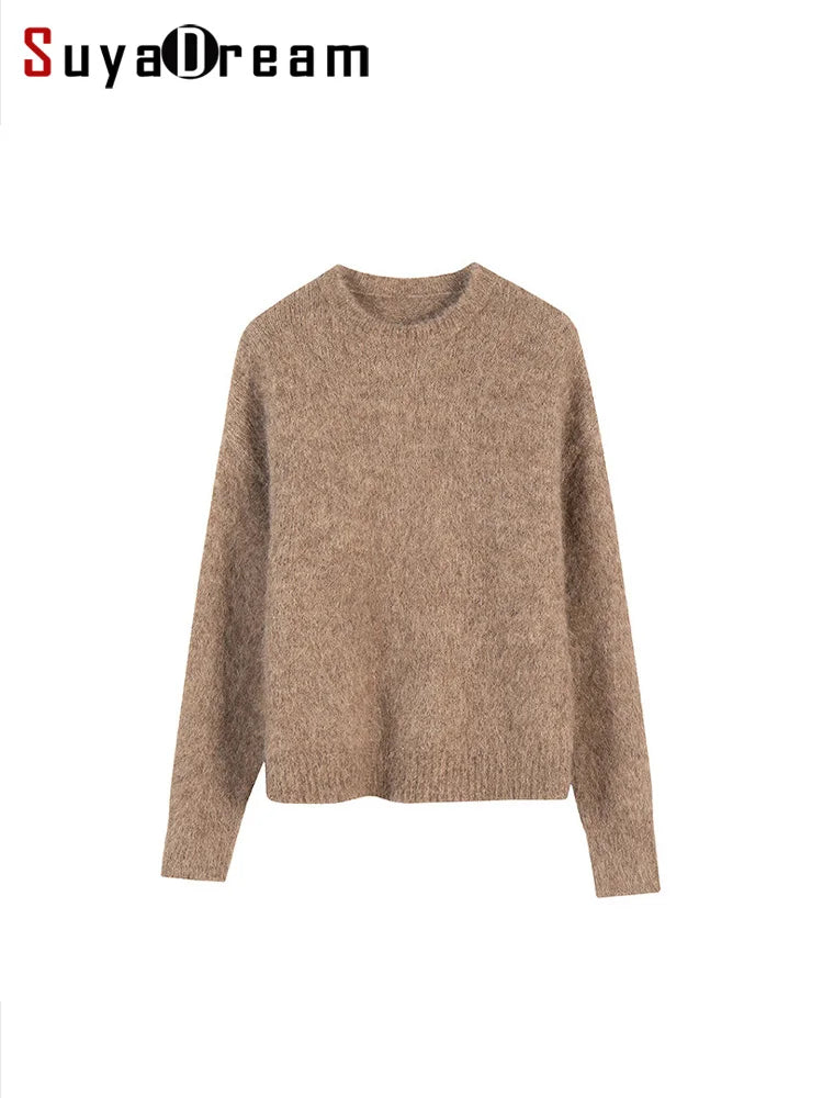 SuyaDream Warm Alpaca Pullovers for Woman, Dropped Sleeved Loose Sweaters, Brushed Wool Knit Sweater, 2026 Fall Winter Top